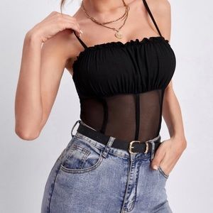 Ruched Bust Mesh Panel Bodysuit